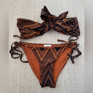 Charlie Holiday Tulum Brown and Black Chevron Bikini, Sz. XS